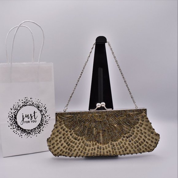 KHAKI GOLD - TRI-GOLD BEADED EVENING BAG - Picture 1 of 6
